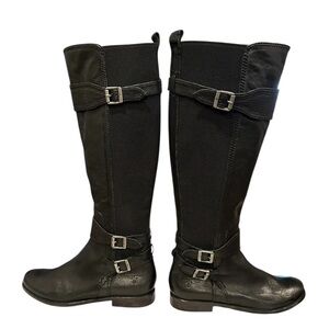 FRYE  Anna Gore Tall Riding Boots 7 M Black Knee High Pebbled Leather Equestrian